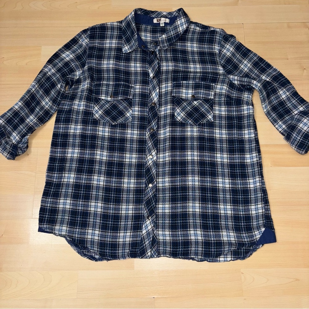 Kut From The Kloth Boylen Plaid Flannel Snap Button Shirt Roll Up Sleeve Large - Picture 3 of 11
